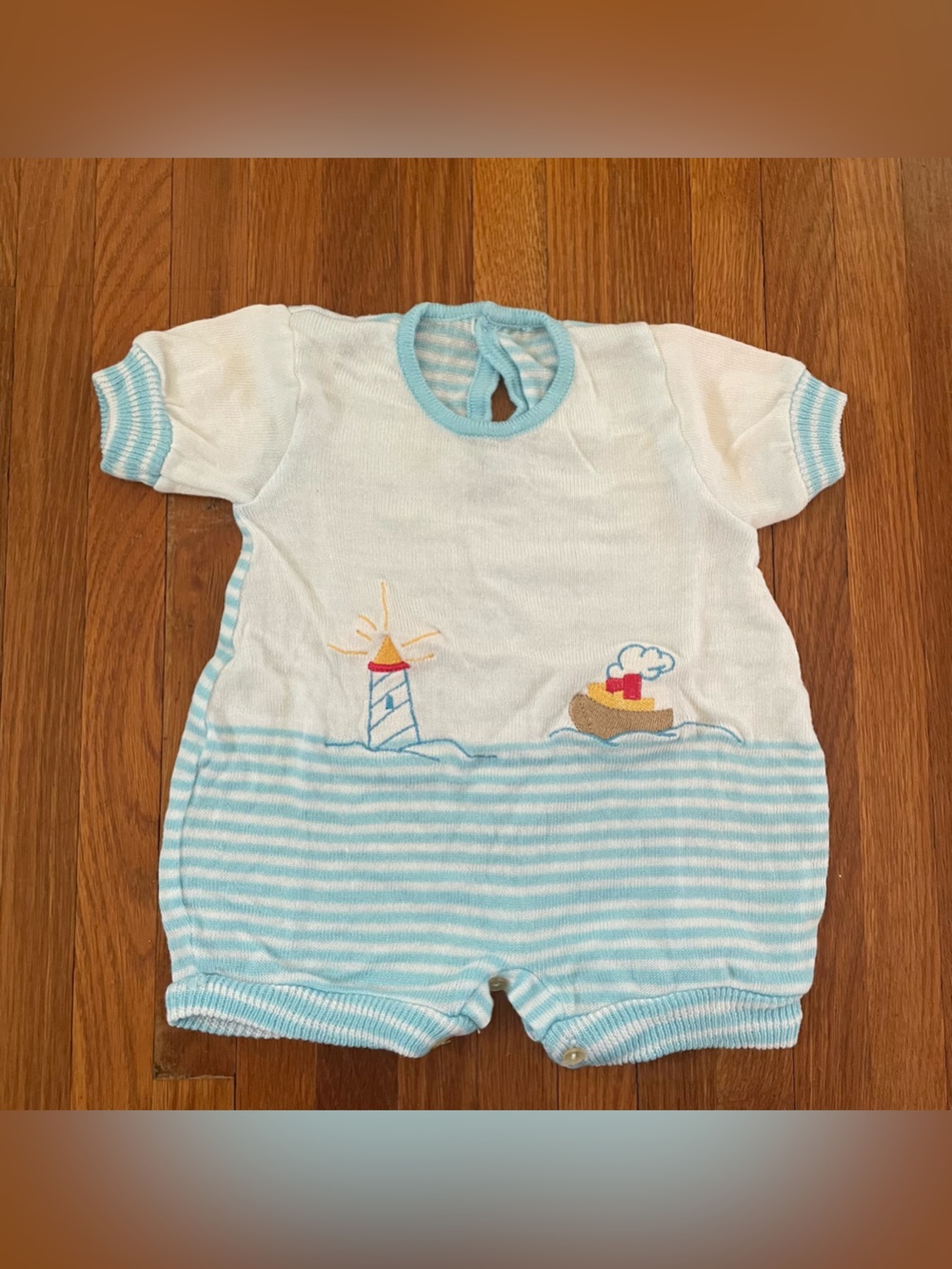 Vintage Kids One Piece White and Light Blue Striped Nautical Romper